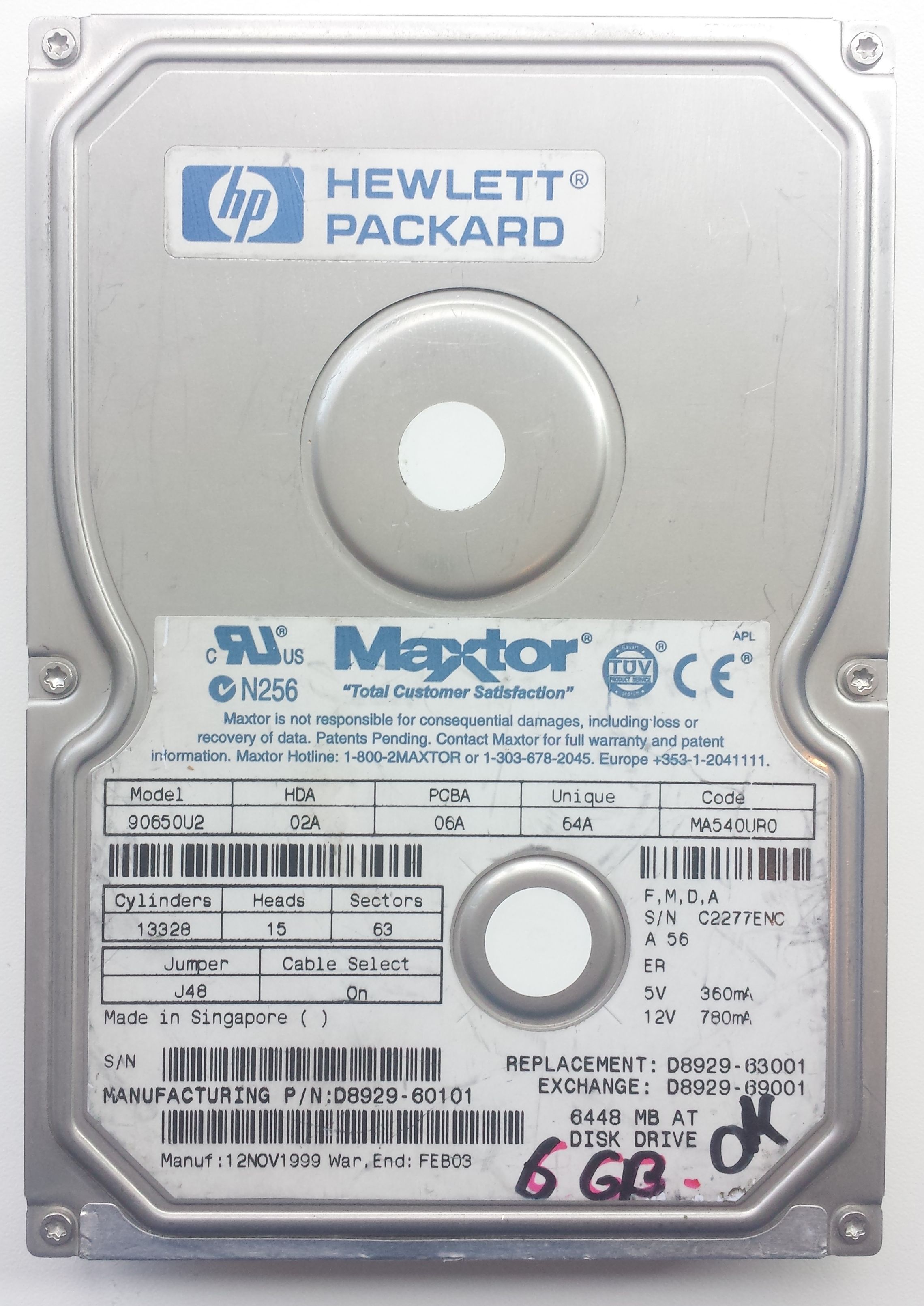 HDD PATA/66 3.5" 6.5GB / Maxtor DiamondMax 6800 (90650U2)